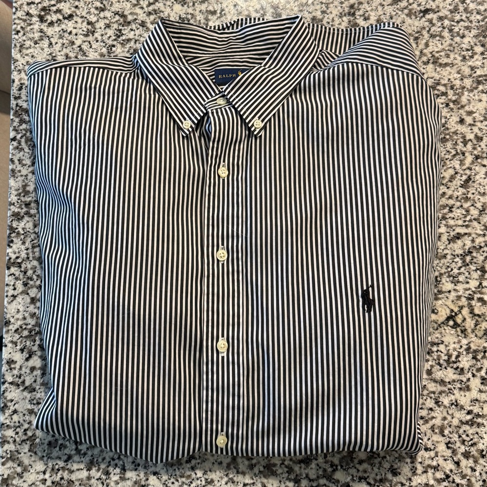 Ralph Lauren Men's Navy and White Striped Shirt XLT